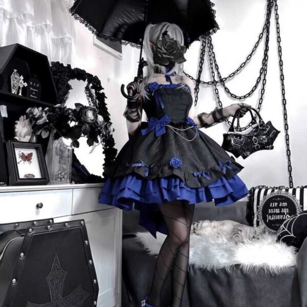 lolita woman wearing Blue Goth Dress Blue Gothic Dress