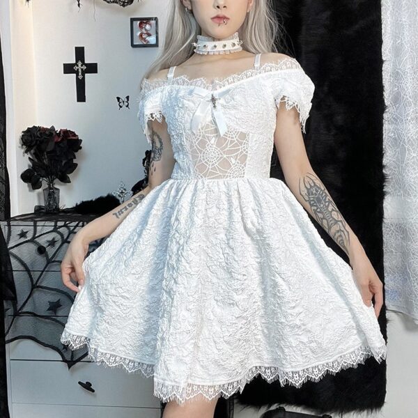 girl wearing spider web White Goth Dress