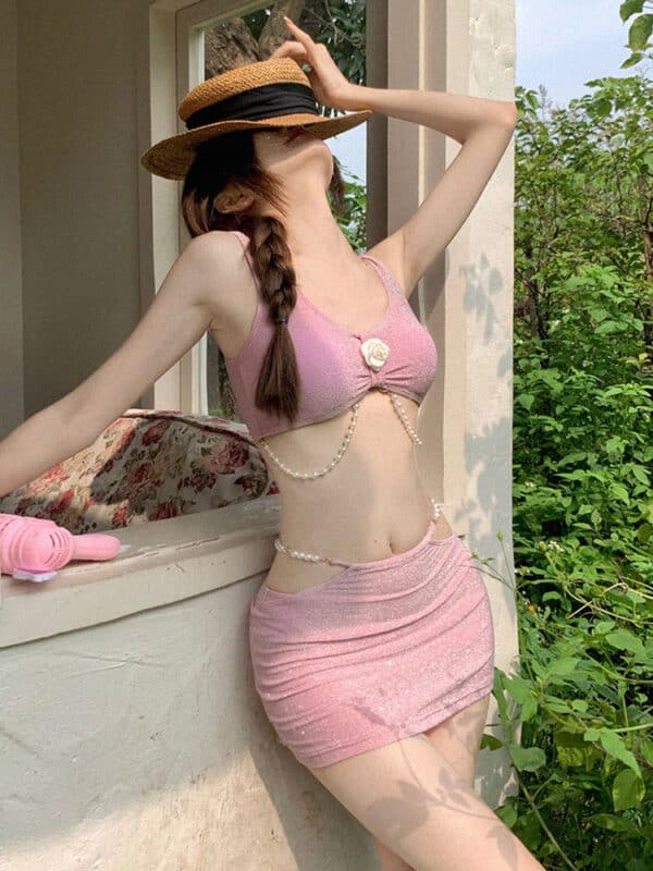 model posing wearing Korean Bikini with Skirt Bikini 3 Piece