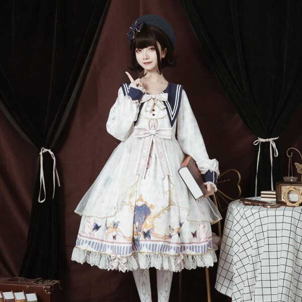 japanese girl posing with white Victorian Style Dress
