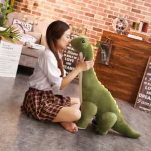 green Trending Long Neck Dinosaur Stuffed Animal with girl