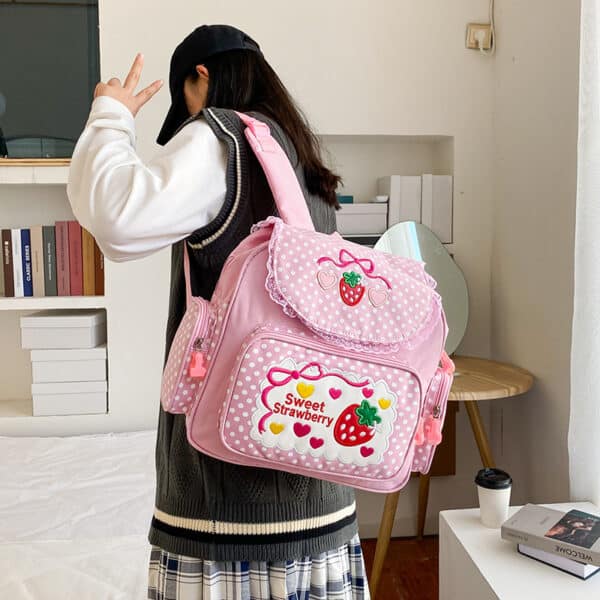 korean girl wearing large Hot-Selling Strawberry Backpack