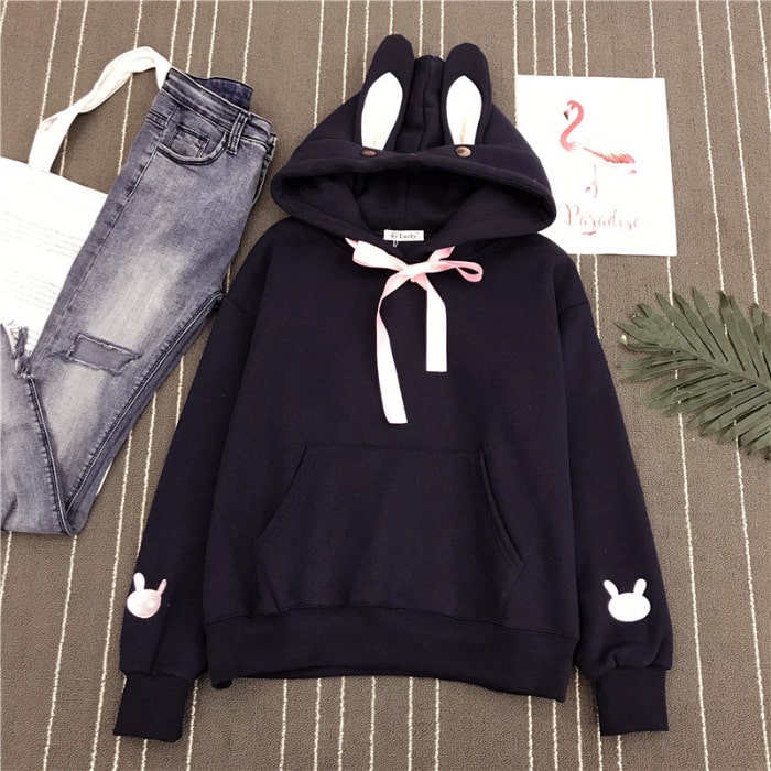 black New Rabbit Hoodie Rabbit Sweater