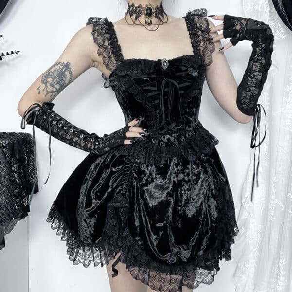 goth woman posing with black Gothic Mini Dress Goth Mini Dress