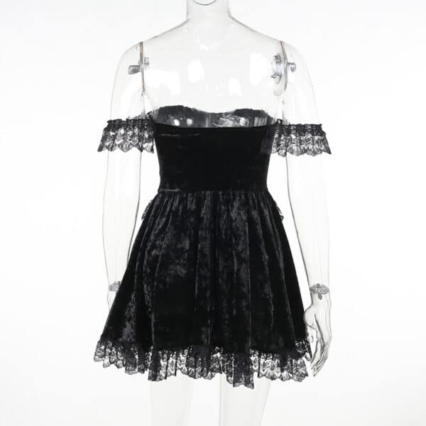 back of Velvet Goth Mini Dress black on mannequin