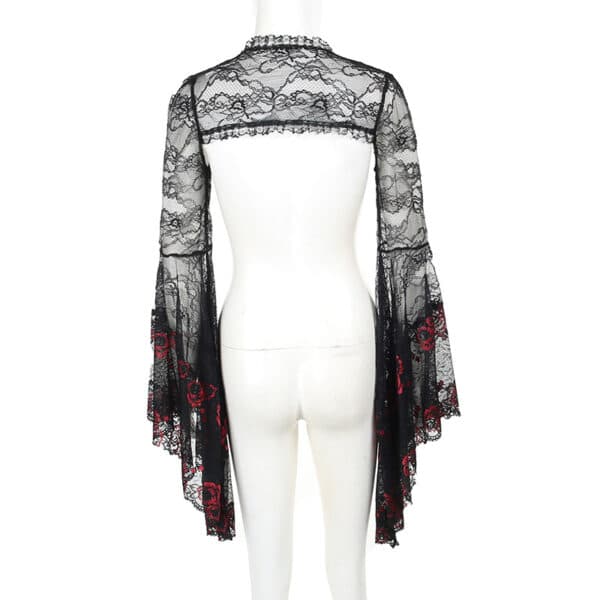 back details of BEST Long Black Lace Sleeves Gothic Cardigan on mannequin