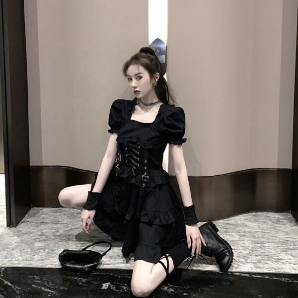 japanese girl posing on floor with Short Black Corset Dress