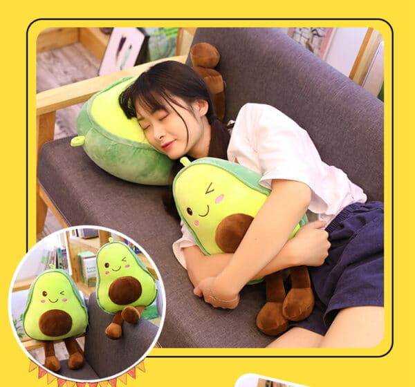 girl cuddling with Avocado Plushie