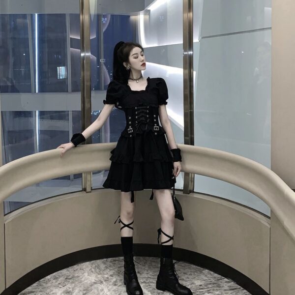 korean girl wearingShort Black Corset Dress with Wrist Cuffs