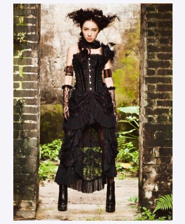 victorian goth girl wearing Long black lace Gothic Victorian Skirt