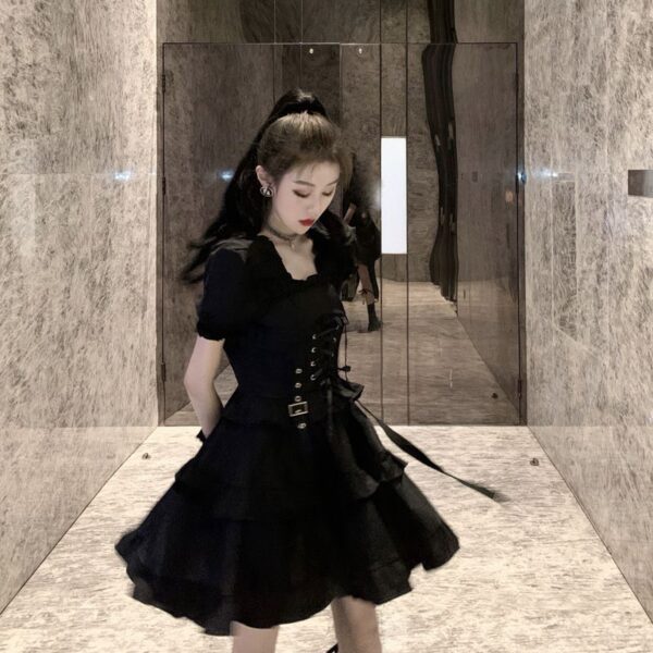 korean woman on bathroom wearing Short Black Corset Dress with Wrist Cuffs
