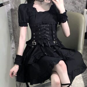 Short Black Corset Dress with Wrist Cuffs