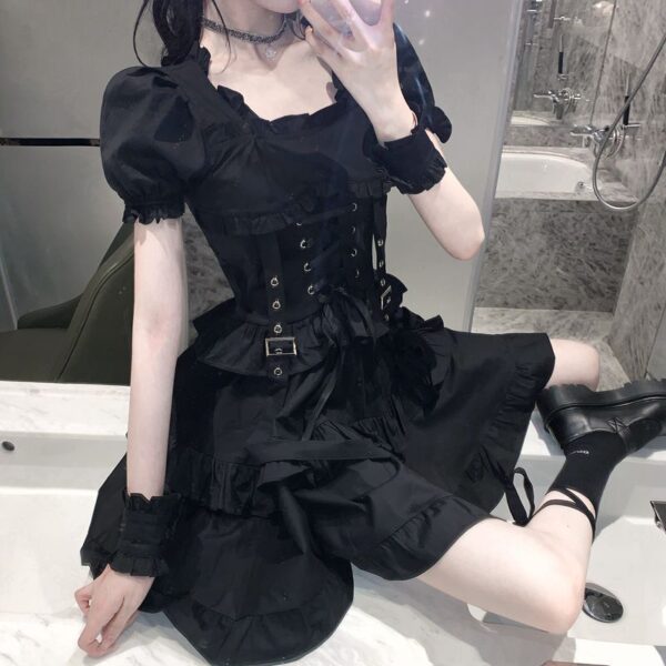 beautiful kpop Short Black Corset Dress with puffy sleeves