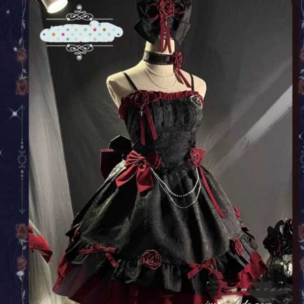 black and red Gothic Dress on mannequin