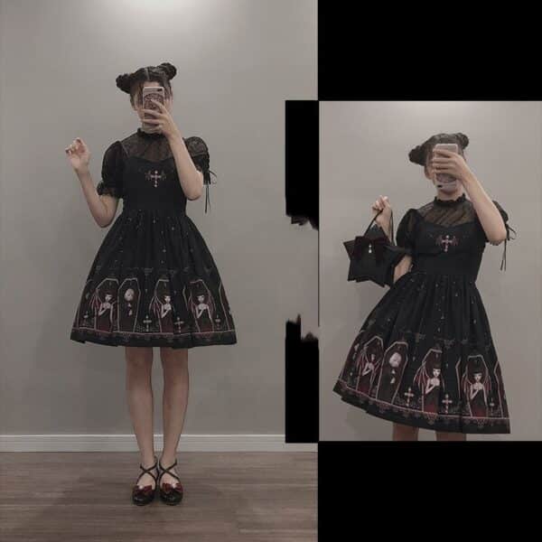black Cute Goth Dress Short Gothic Dress on model