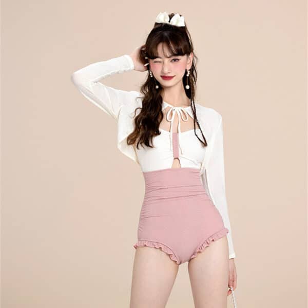 pink Cute Korean Swimsuit with Long Sleeve Piece