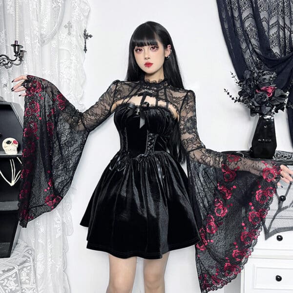 BEST Long Black Lace Sleeves Gothic Cardigan on korean model