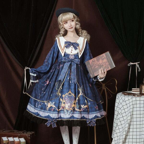 korean lolita girl wearing blue Victorian Style Dress