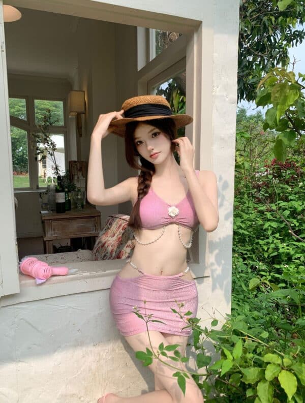 model wearing NEW Korean Bikini with Skirt Bikini 3 Piece