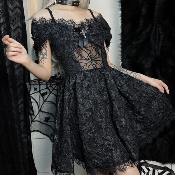 korean girl wearing black Gothic Dress