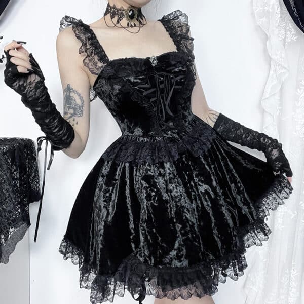 goth girl wearing Velvet Gothic Mini Dress