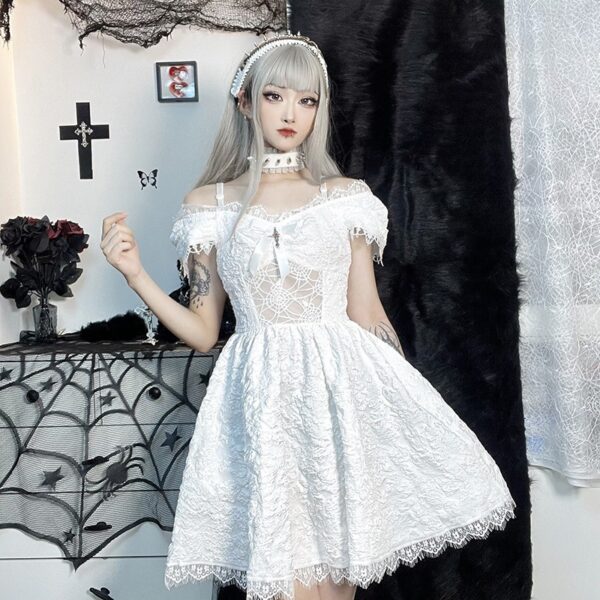korean girl wearing White Gothic Dress