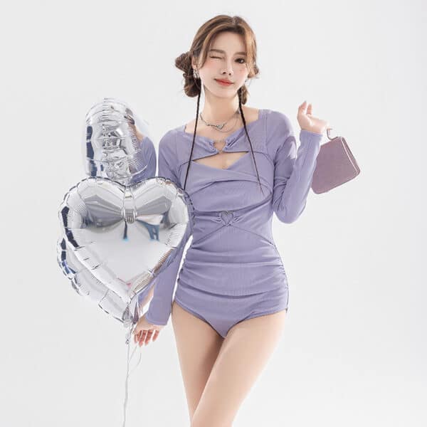 kawaii woman wearing Purple One Piece Swimsuit Long Sleeves