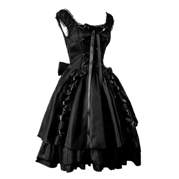 side profile on white background of a ruffle victorian dress black