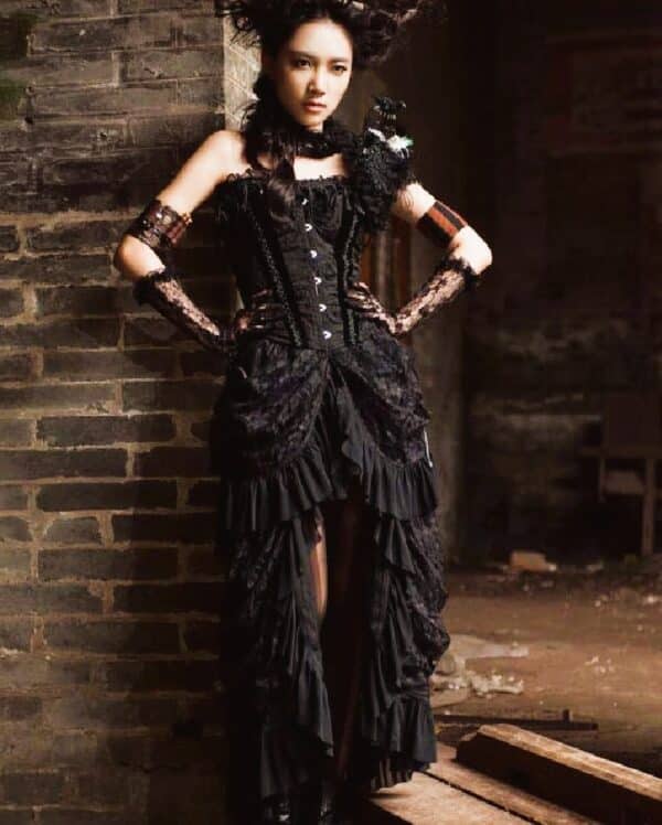 closeup of model posing with black Gothic Victorian Skirt