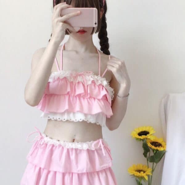 korean girl wearing Pink Kawaii 2 Piece Cottagecore Bikini