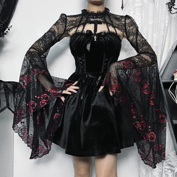 black and red lace gothic cardigan on model