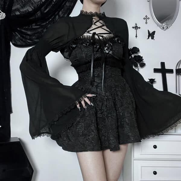 goth girl wearing Lace Goth cardigan and dress