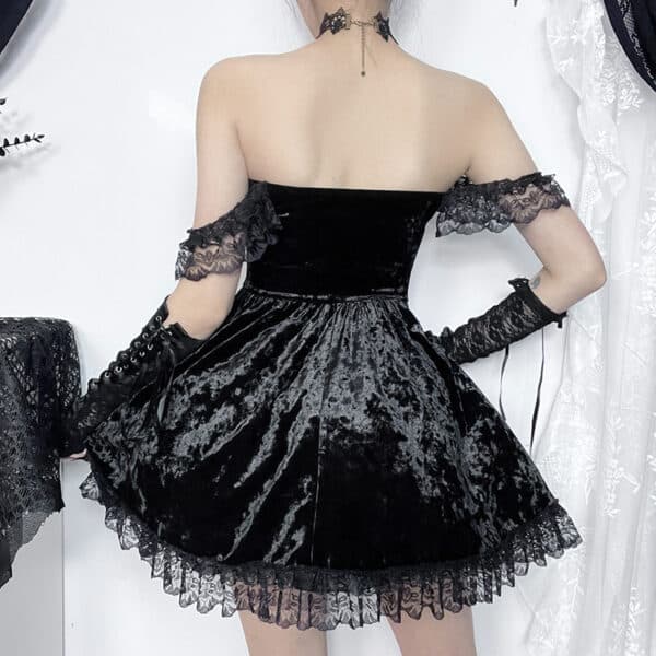 goth model wearing black velvet Velvet Gothic Mini Dress