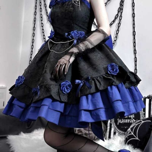 blue rose details of puffy Blue Goth Dress