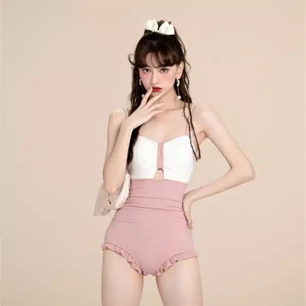 pink and white Cute Korean Swimsuit