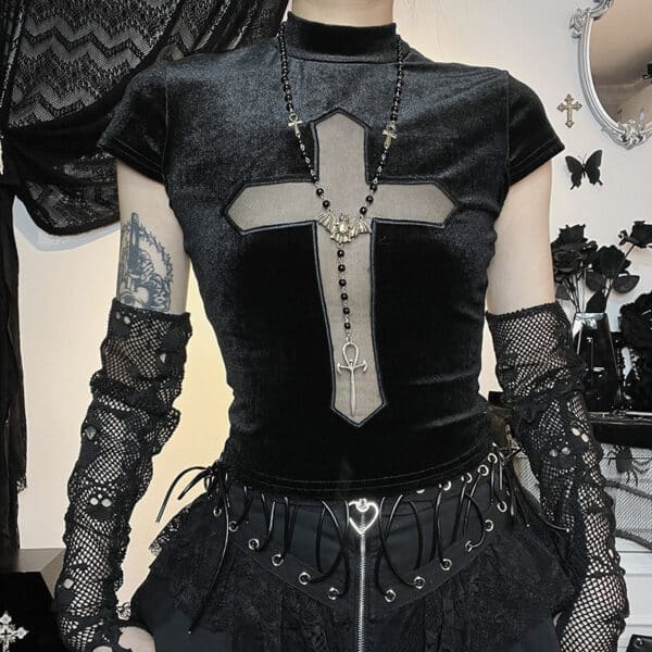 sheer cross top black punk top for goth outfits