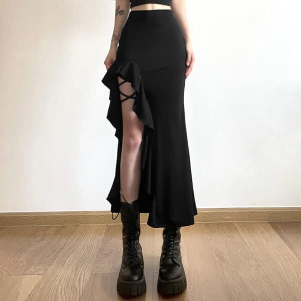 Unique Goth Maxi Skirt Lace Up Slit Skirt