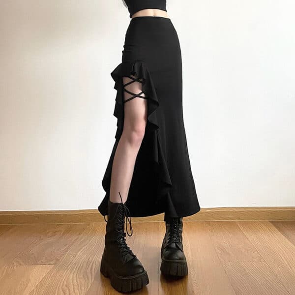 black Lace Up Slit Skirt on goth girl