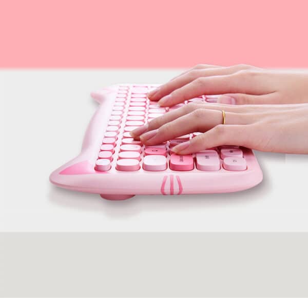 kawaii girl typing on cat Cute Keyboard and Mouse Set with 87 Keycaps