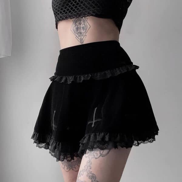 goth woman wearing cheap black Gothic Mini Skirt with ruffles
