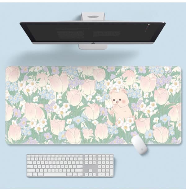 kawaii Floral Desk Mat with tulips