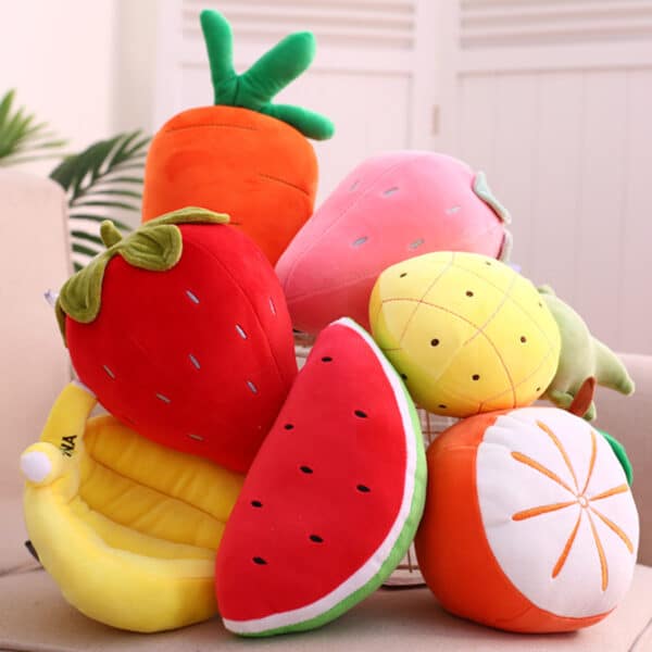 various fruit variations and chili pepper plushies