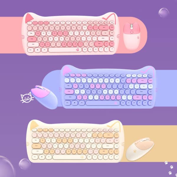 Kitten Cute Keyboard and Mouse Set 87 Keycaps in 3 colors:blue pink and yellow