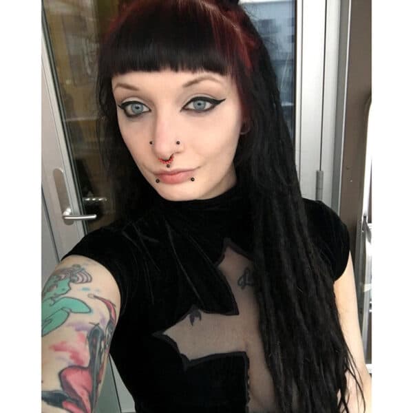 goth girl taking selfie and wearing Black Goth Punk Top Womens with a Cross