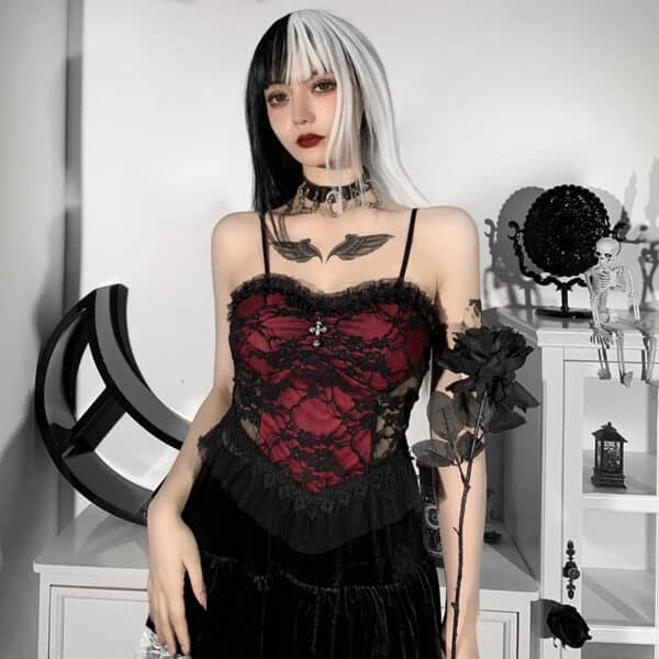 goth girl wearing cute red Goth Halter Top with lace