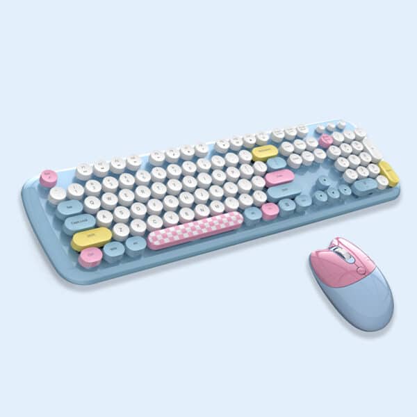 Cute Light Blue Keyboard and Mouse Combo on blue background