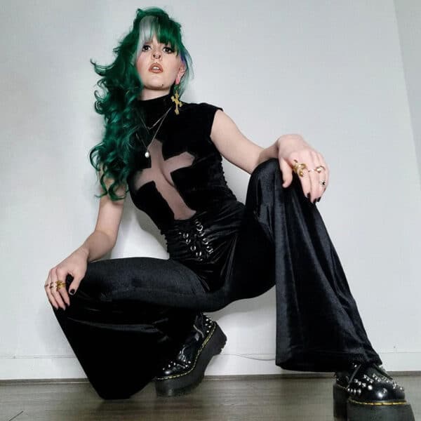goth girl posing wearing Black Gothic Punk Top for Women