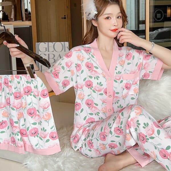 Kawaii Three Piece Pajama Set Floral Tulip