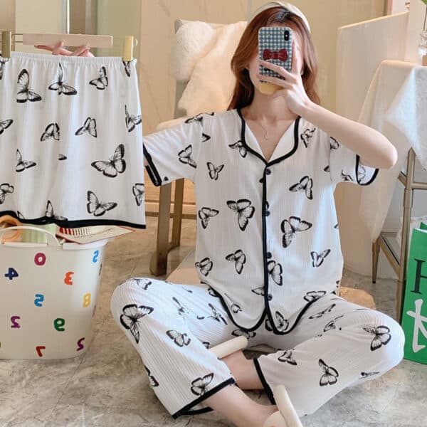 Cute Black Bownot Pajamas Set Long Sleeves