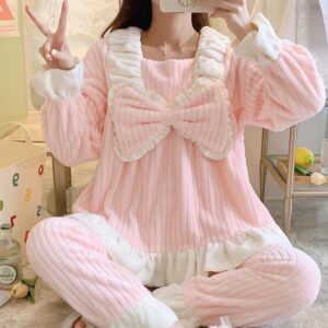 Thick Kawaii Pajamas winter Cute Pink Bowknot
